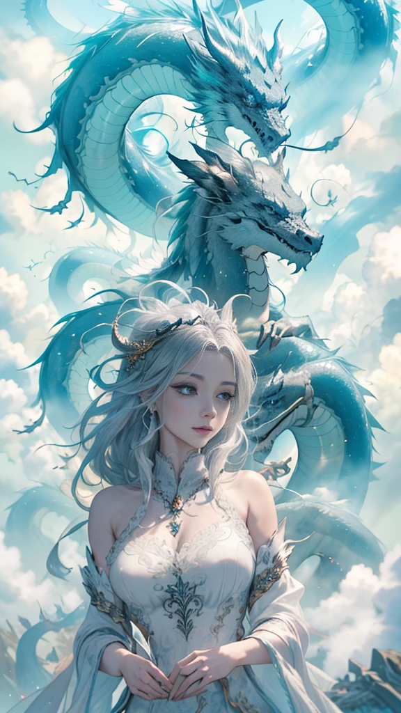 (no explanation) silver-haired dragon girl, detailed eyes, detailed lips, long eyelashes, shiny scales, majestic pose, flying in the sky, fire-breathing, fantasy world, mythical creature, vibrant colors, ethereal lighting, high-res masterpiece:1.2, magical atmosphere, mystical aura, breathtaking scenery, dragon wings, elegant and graceful, surreal landscape, intricate details, otherworldly beauty, enchanting presence, powerful and regal, silver and gold accents, mesmerizing gaze, flowing mane, mythical beast, legendary guardian, epic fantasy