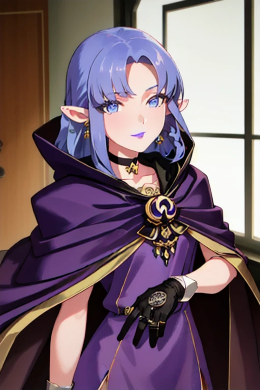 (masterpiece, sidelighting, finely detailed beautiful eyes: 1.2), glowing eyes, shiny hair, MedeaRobe, cloak, gloves, MedeaCas, blue eyes, purple lips, pointy ears, choker, hood, jewelry, magic, ring, robe, solo, room, 