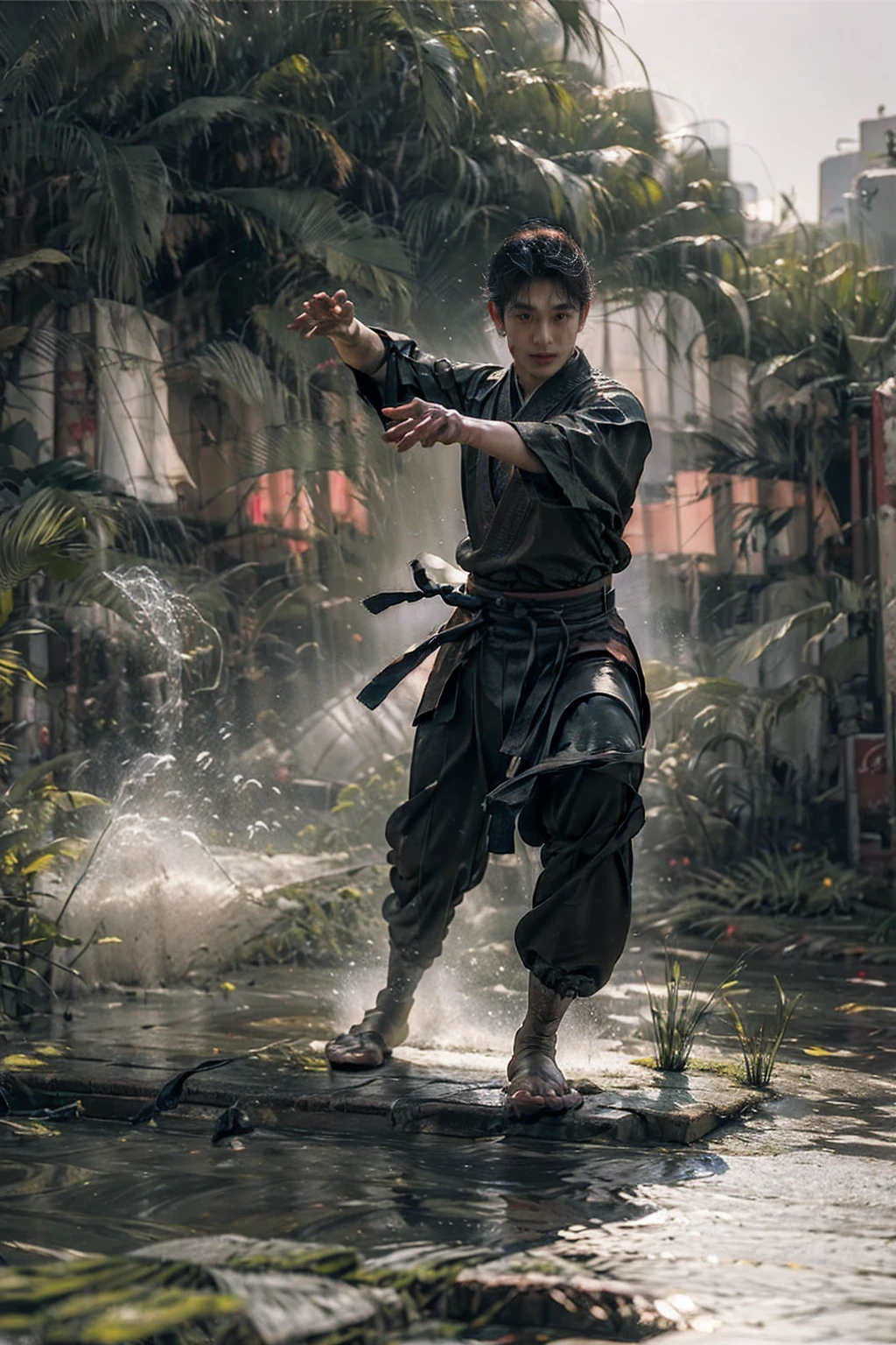 Masterpiece,16ก,High quality,Artwork of,Combat spirit,1 boy,red theme,smog,Palms dancing in the rain,bright light,Bright backgrounds,Handsome face,delicate face,bright surface,Photos taken with a Sony camera,movie light,full body,walk,Tai Chi dance moves,
