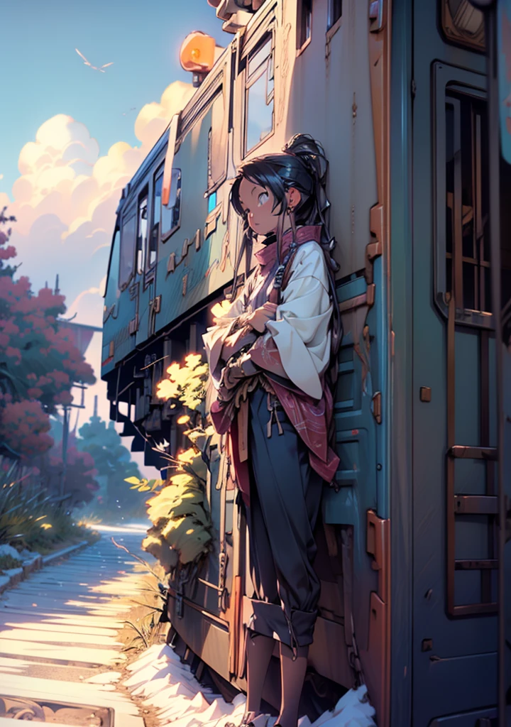Anime train crossing track in sky background, beautiful and harmonious scene, exquisite animation, rich details (width is 672), high quality, clarity 4k, artistic 4k wallpaper, stunning anime landscape, 8k art wallpaper.