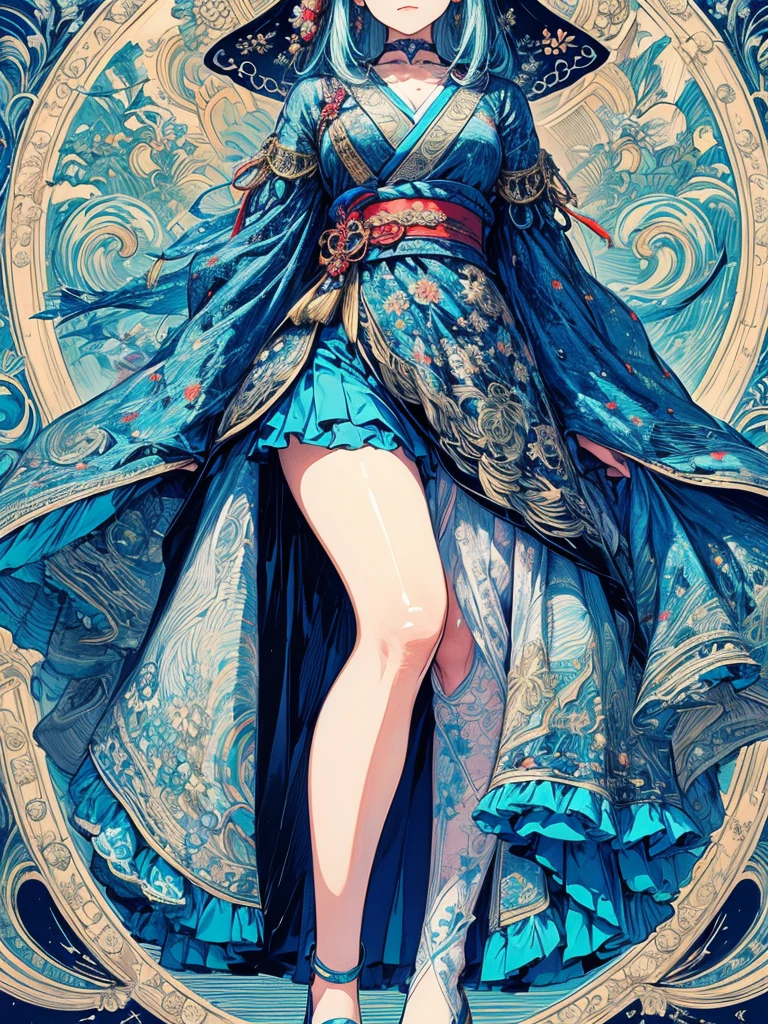 with a girl、(masterpiece、highest quality、official art、Cosmetology and aesthetics:1.uper detailed)、detailed、best illustrations、hand-paintedhigh-quality、(high contrast)、(clean lines:1.3)、(line drawing)、line drawing、(complicated lines)、(roller:Further detailed added:0.5),Rigne Clair、fractal art、pen drawing、、(Portrait、from the knees up、very close up:1.1)、,Wraparound configuration, , Japanese style ,(intricate details),(Colorful),High resolution,full body,