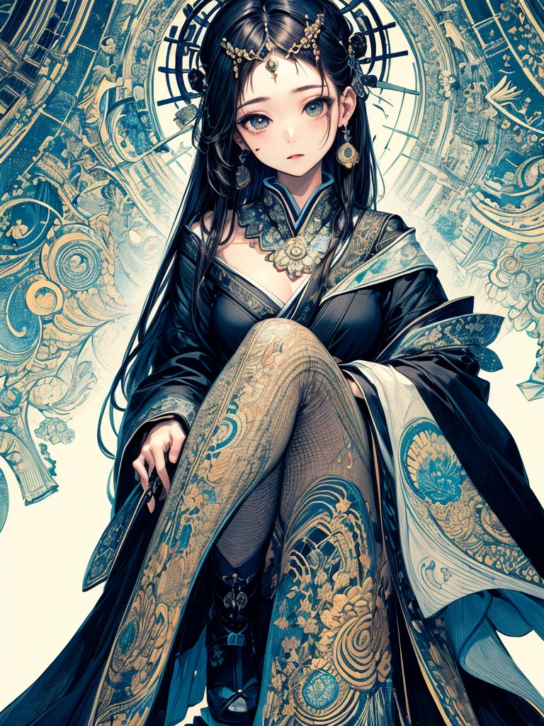 with a girl、(masterpiece、highest quality、official art、Cosmetology and aesthetics:1.2)、(Super detailed)、detailed、best illustrations、hand-paintedhigh-quality、(high contrast)、(clean lines:1.3)、(line drawing)、line drawing、(complicated lines)、(roller:Further detailed added:0.5),Rigne Clair、fractal art、pen drawing、、(Portrait、from the knees up、very close up:1.1)、,Wraparound configuration, , Japanese style ,(intricate details),(Colorful),High resolution,full body,