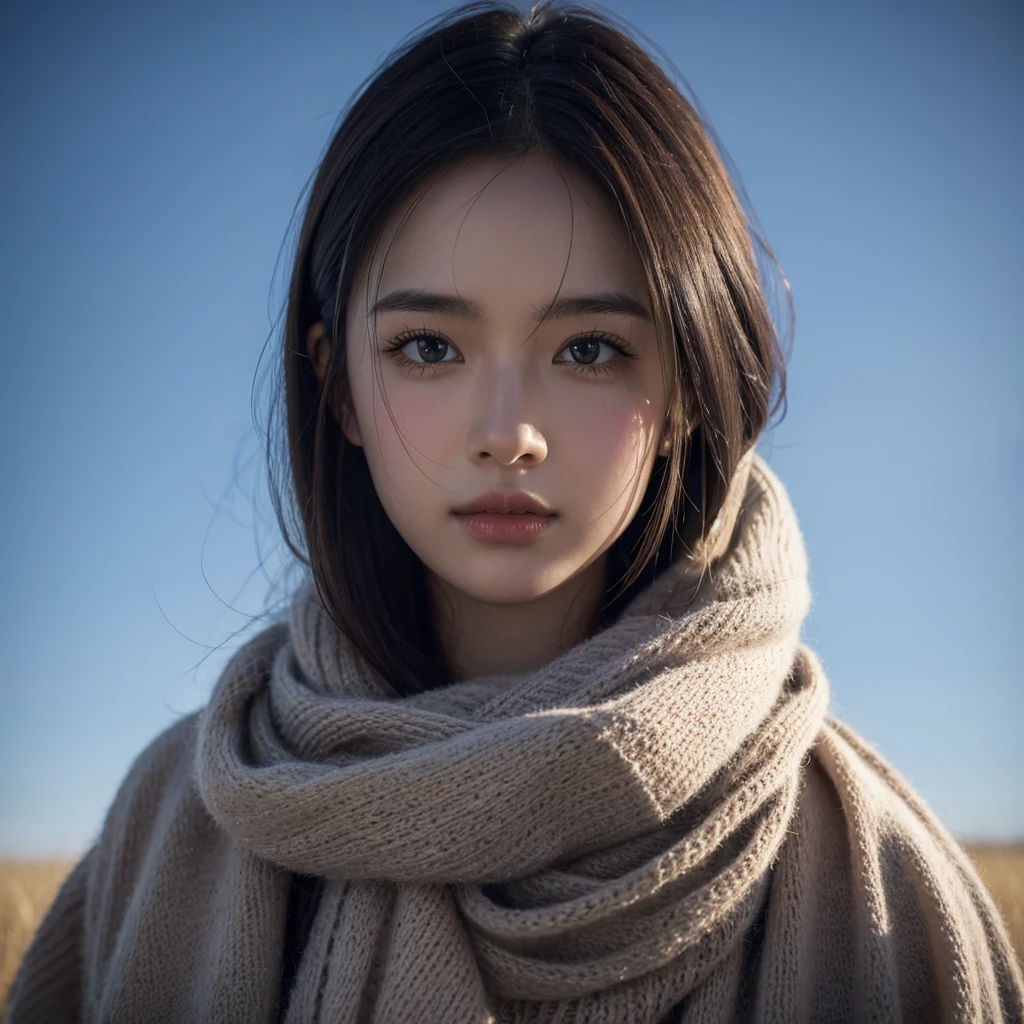8k, best quality, masterpiece, realistic, ultra detail, photo realistic, Increase quality,
a photo of a girl standing in a field with a scarf, in the style of dark and brooding designer, voluminous mass, photobash, serene faces, jagged edges, navy, natural beauty, close-up shot