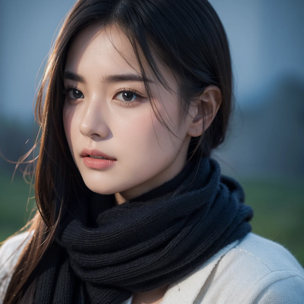 8k, best quality, masterpiece, realistic, ultra detail, photo realistic, Increase quality,
a photo of a girl standing in a field with a scarf, in the style of dark and brooding designer, voluminous mass, photobash, serene faces, jagged edges, navy, natural beauty, close-up shot