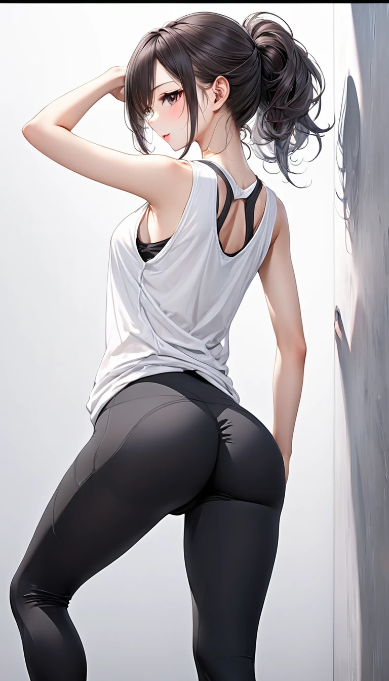 Black hair girl with a ponytail, standing looking at the ground with an air of superiority. She has small breasts and is wearing white leggings. muscular girl, naughty smile. detailded, beautiful  face, blue colored eyes. bottom to top. crotch focus. Cunt scoring. Wet pussy. delicious. 