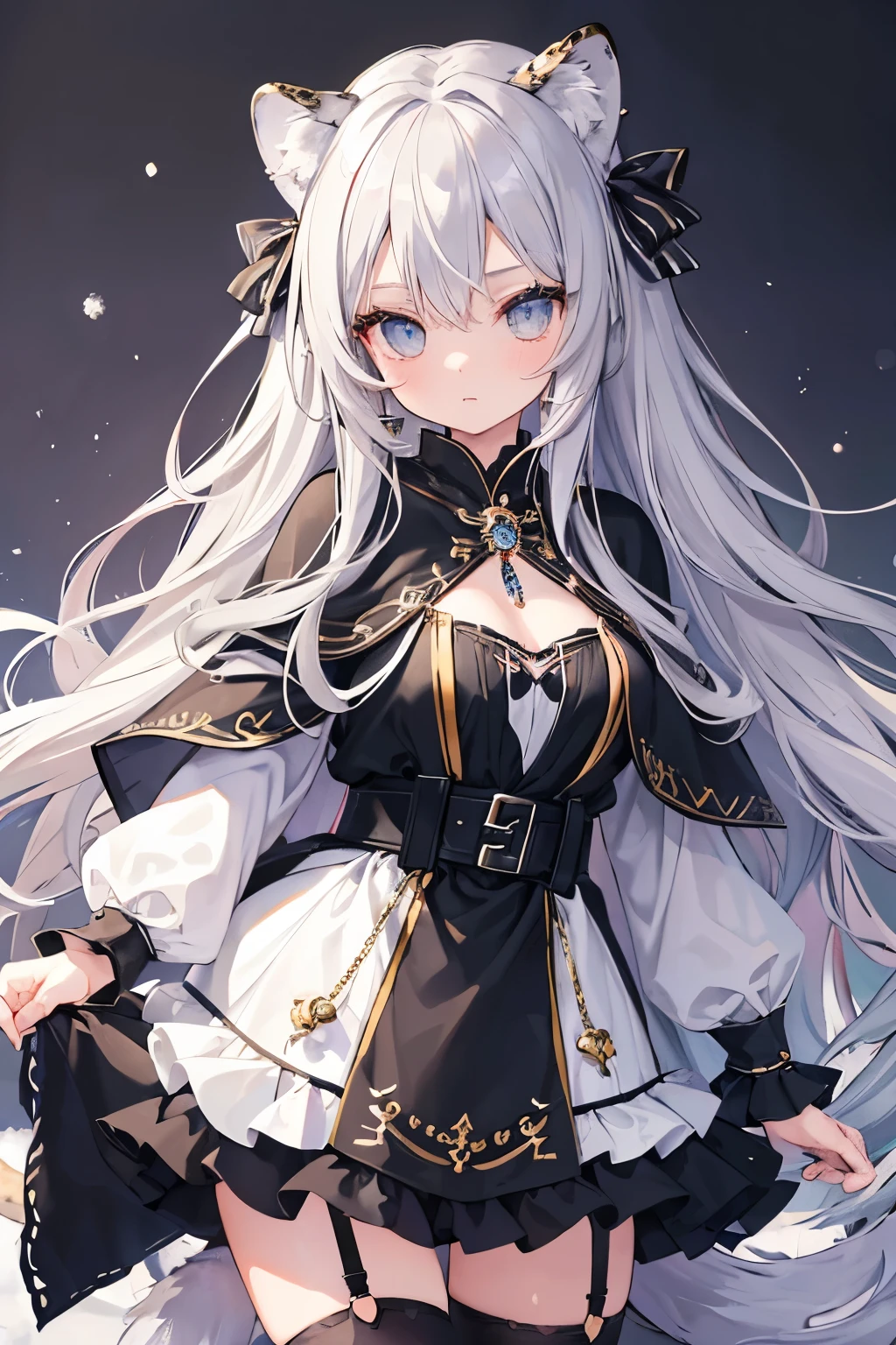 (masterpiece, Highest quality:1.2),One girl, Upper Body,tail, large tail, Gray Hair, Very long hair, Wavy Hair, Grey Eyes, detailed eyes, Multicolored Hair, Circlet, Beaded Necklaces, Animal ears, Leopard Ears, Black Cape, White Dress, Hip vents, Pelvic Curtain, Grey knee socks, the snow&#39;s, the snow&#39;s mountains, Blizzard, Volumetric lighting, Scattered beneath the surface, Cinema Lighting, Chiaroscuro, Floating Hair, Place your hand on your chest