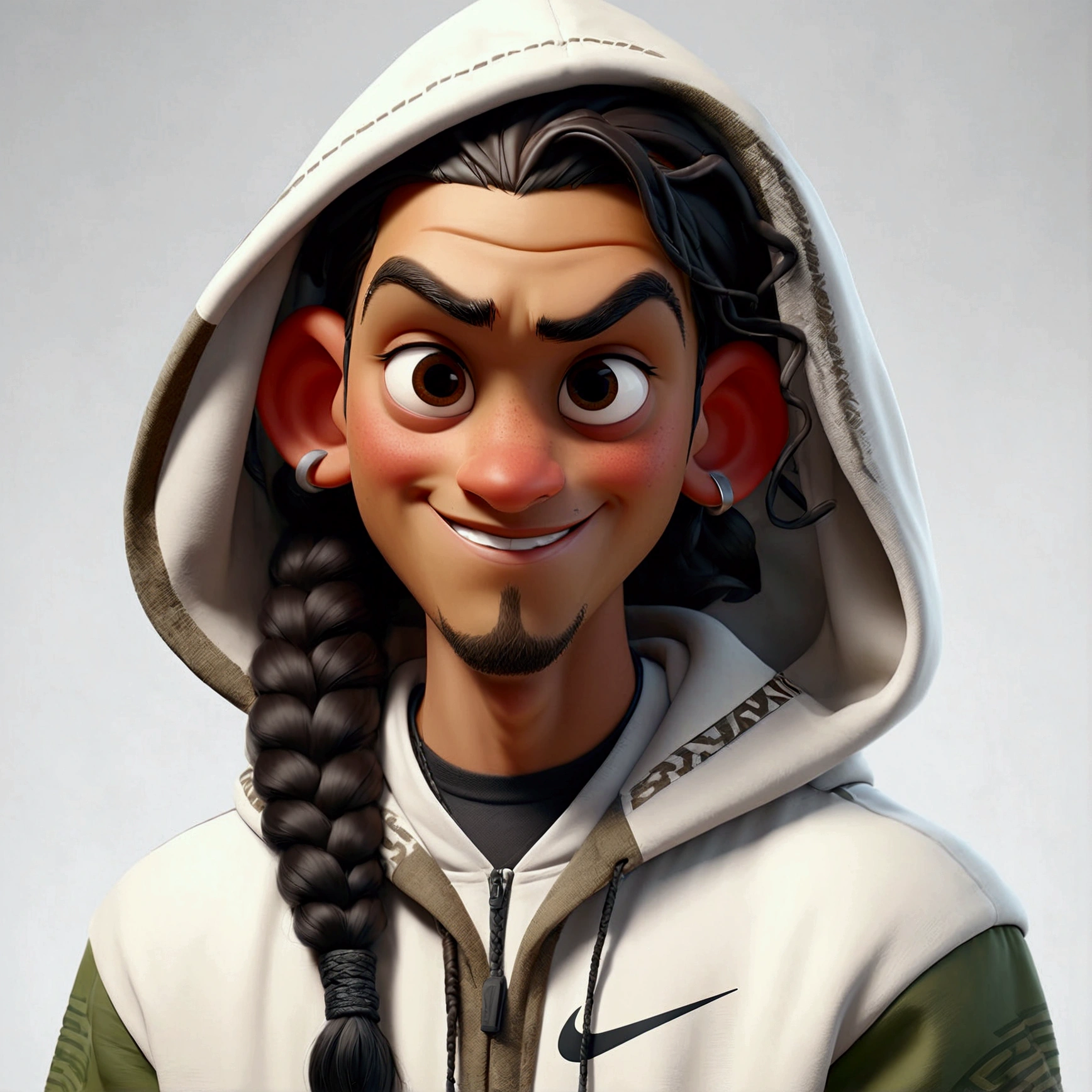 Happy white Hispanic male with hood on and braids wearing nike