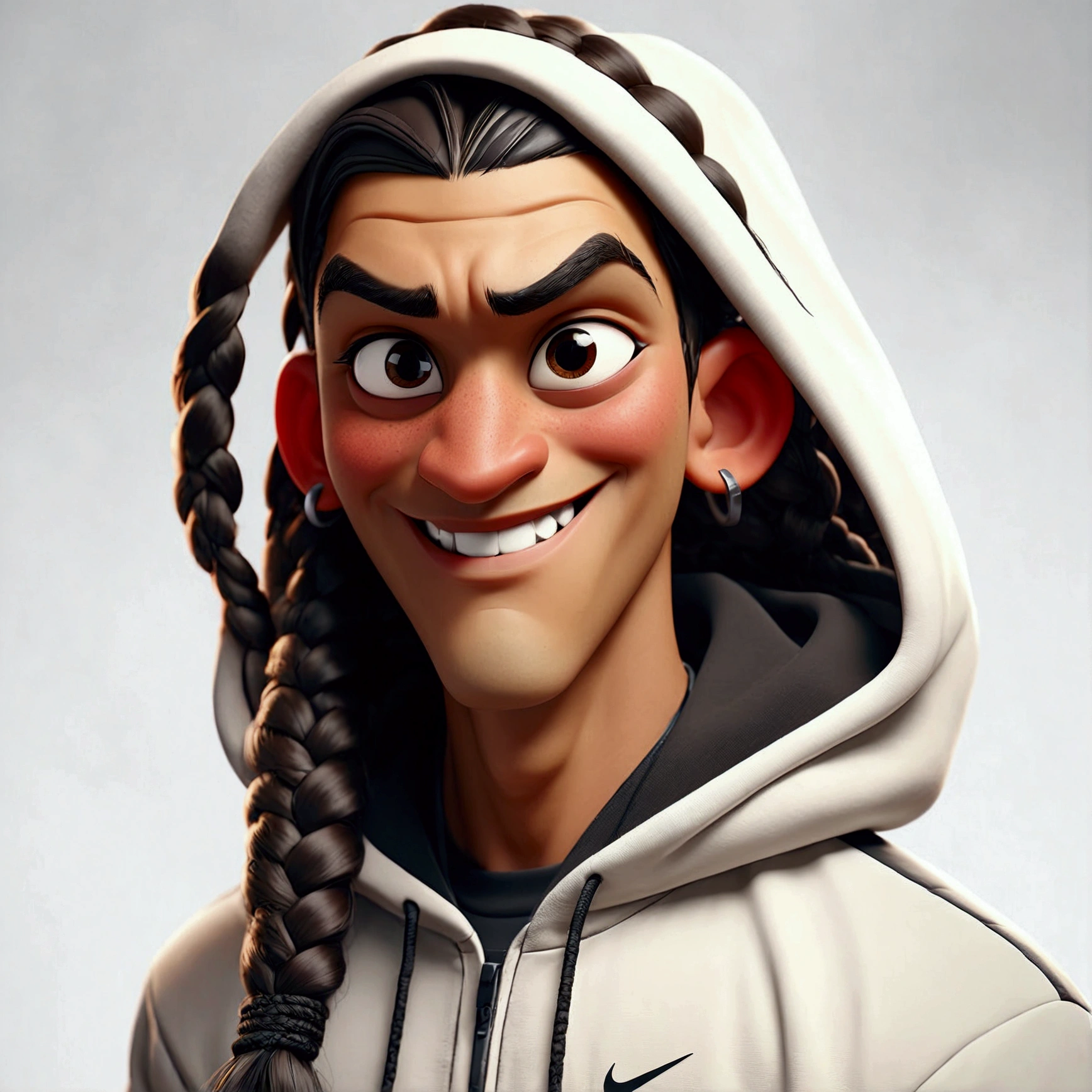 Happy white Hispanic male with hood on and braids wearing nike