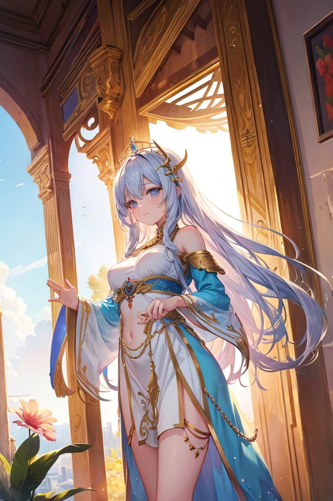 goddess in the sky, divine light, fantasy, standing, adult