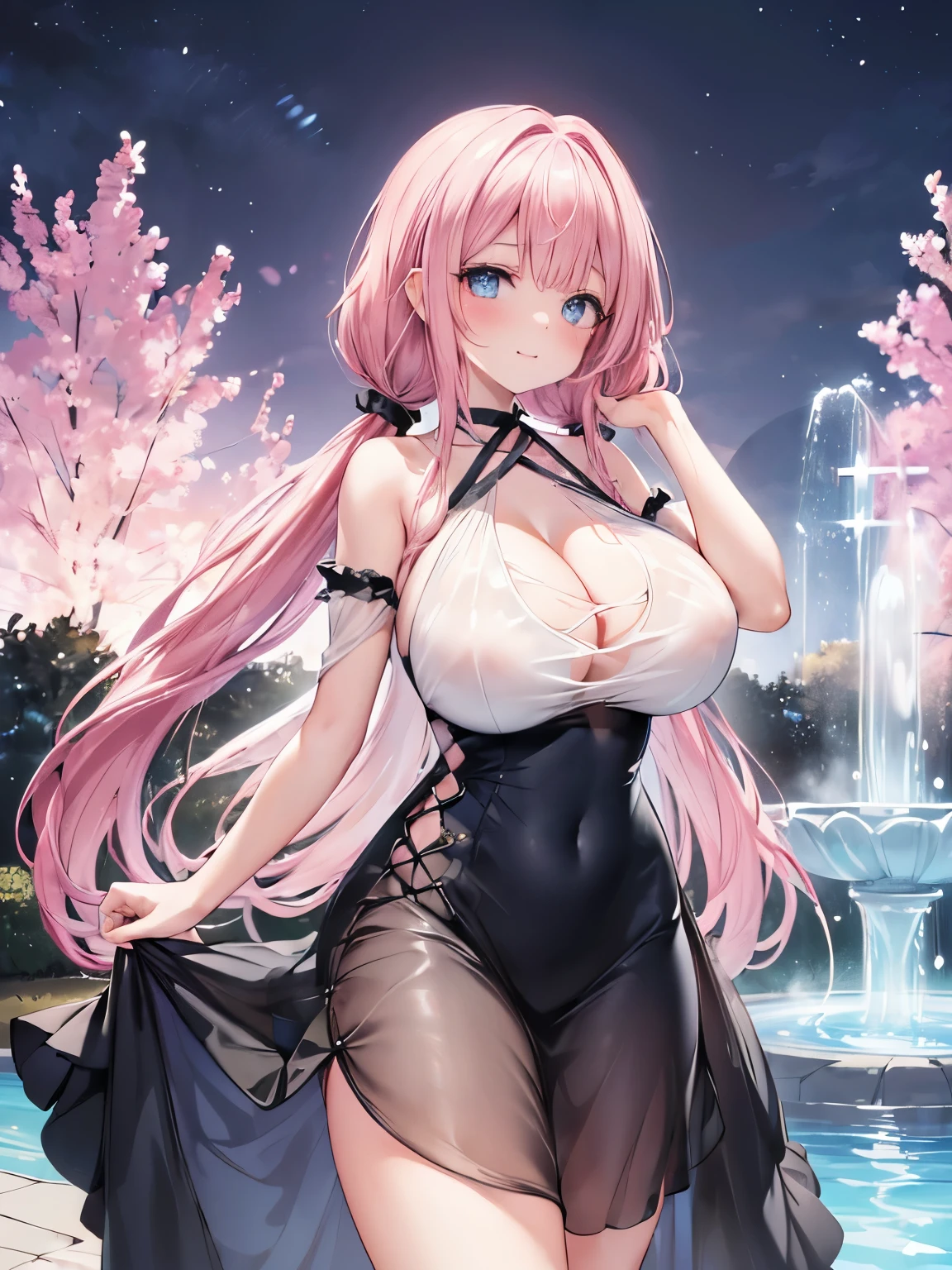 Best Quality,Detailed and cute eyes,Very cute face,(Solo Girl),(gigantic breasts:1.8),(Pink hair),(low twintails:1.4),Scrunchie,(Big light blue eyes),A very happy smile,Blushing,Open your mouth wide,View Viewer,BREAK,(black see-through evening dress,Cross halter neck,No sleeve,Mesh fabric dress,Long skirt,Small size dress:1.5),Night Background,Large garden,Large fountain,Are standing,Cowboy Shot,Dynamic Pose