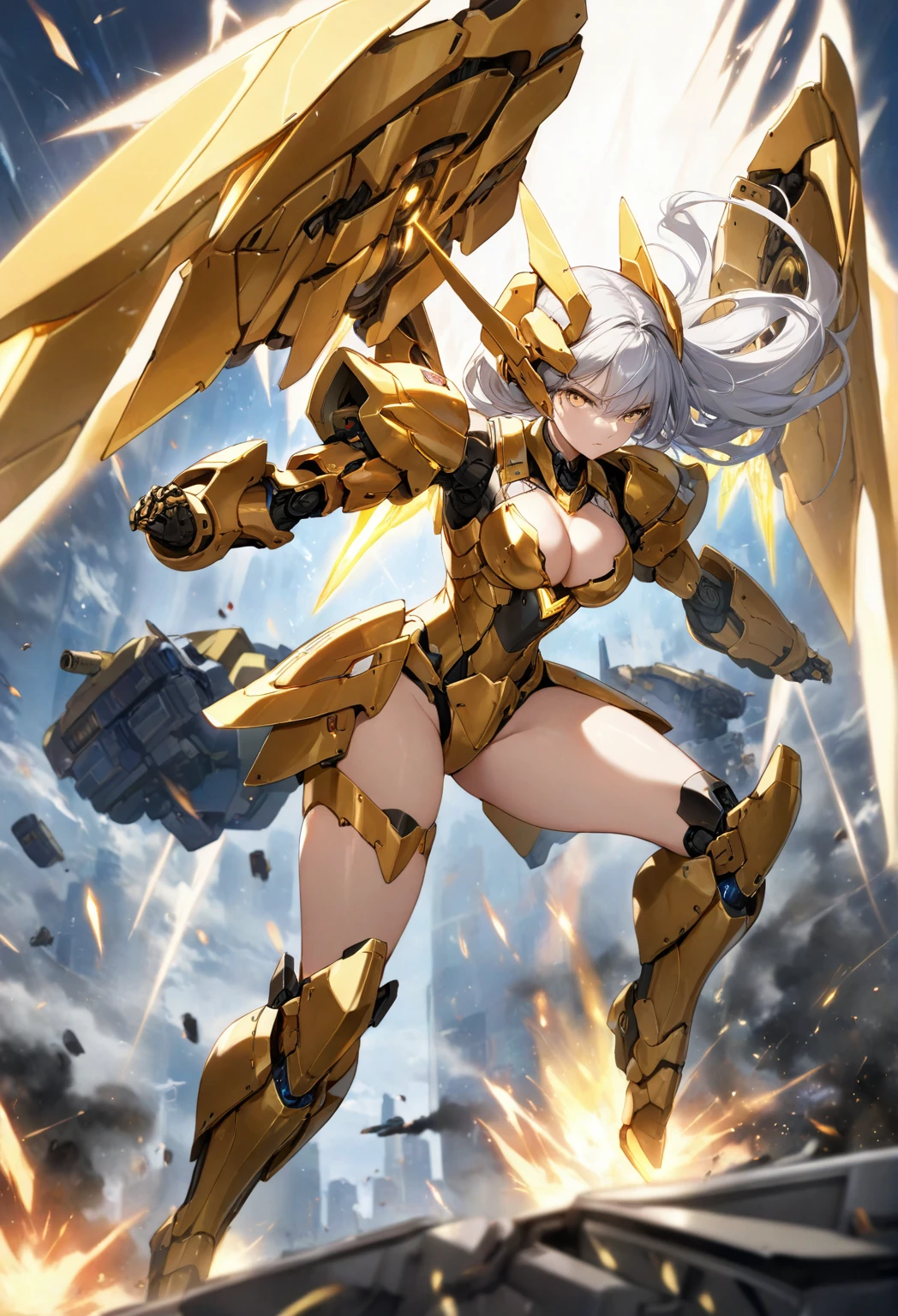 score_9_up, score_8_up, score_7_up, source_anime,masterpiece, best quality, high resolution, extremely detailed CG, absurdres, highres, 1girl, solo, a mecha girl in golden armor with glowing mecha_wings fights at battlefield, ((body surrounded by yellow Battle Aura and lighting)), wings of light, long hair, white_hair, glaring, cleavage, thighs, off-shoulder, (((Shining Armor, glittering Armor))),((mecha wings)), headgear, flying, blue sky, full body, from below, Futuristic, ((aura,Battle Aura, lighting),good_hands