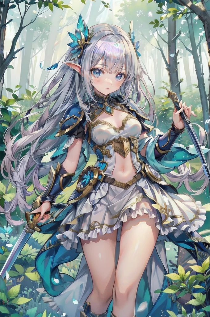 (Fantasy art),(masterpiece),(Anime Style),high quality,(Perfect Anatomy),(Perfect Fingers),((One girl)),((alone)),(Small breasts),Slender body,Silver short hair,((Hand holding a shining sword)),Beautiful and exquisite blue eyes,Beautifully detailed white armor,White loin cloth,Dynamic pose,High Fantasy,Magical colors and atmosphere,Silky to the touch,Cinema Lighting,in the forest