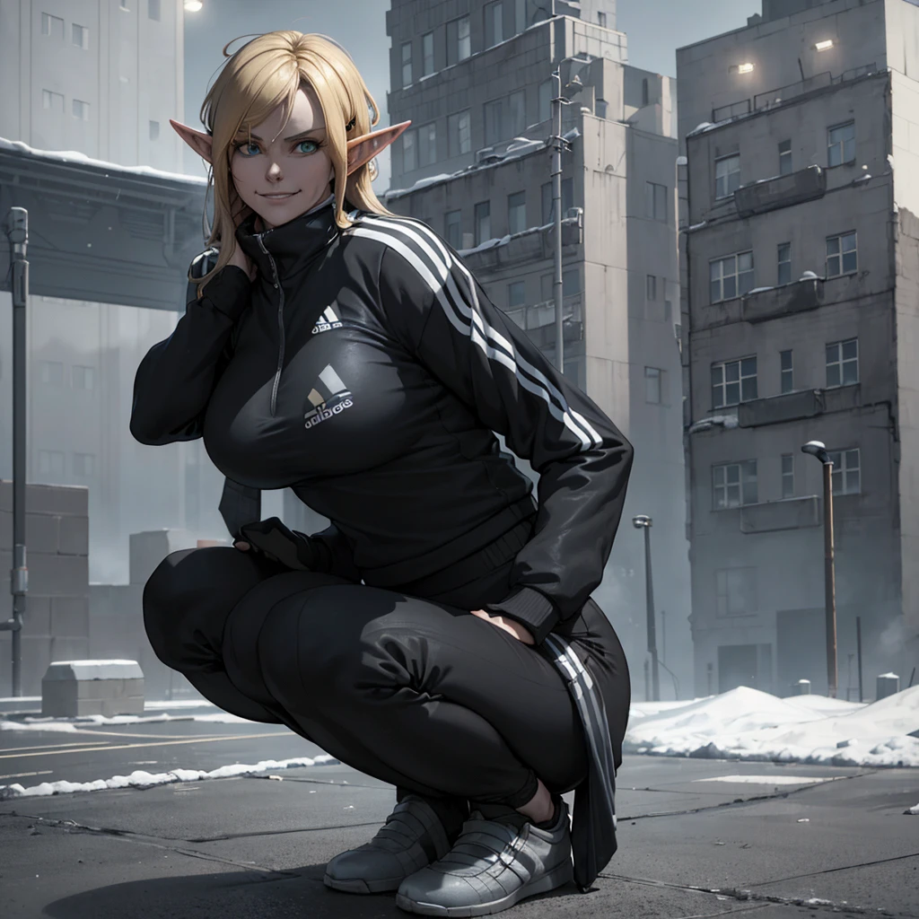 (masterpiece), (cinematic lighting), elf female, dmarci, (solo:1.8), adidas sport clothes, (adidas tracksuit pants), (tracksuit:1.2), big breasts, curvy body, squatting, winter, black flat leather driving cap, winter, industrial soviet apartment building on the background, looking at the camera, smirking, shot from beneath, depressed atmosphere