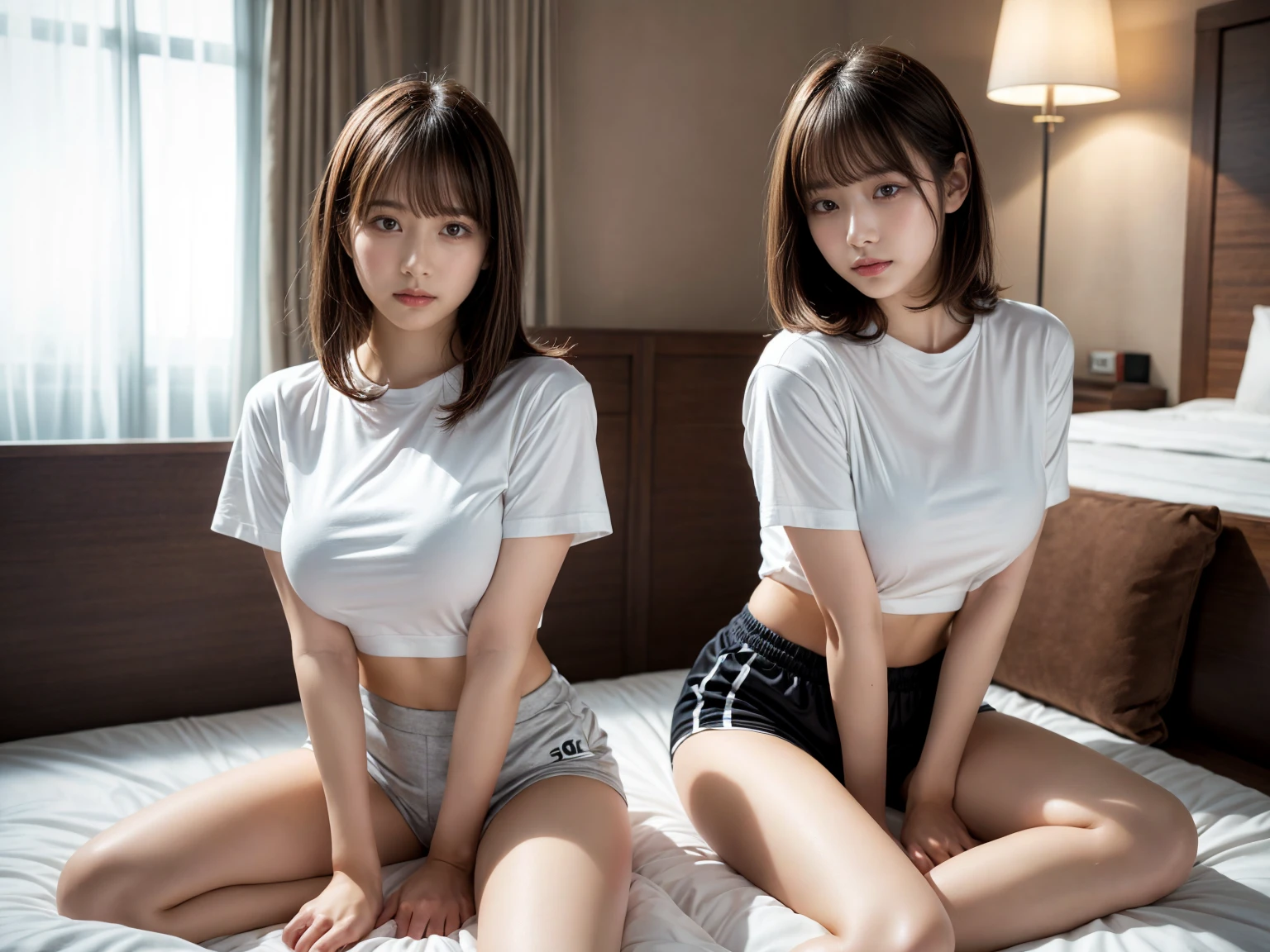 masterpiece, best quality, illustration, Super detailed, fine details, High resolution, 8K,wall paper, perfect dynamic composition,(Details High quality, realistic depiction of eyes:1.3), (2 girls), oversized sport shirt, shorts women, sitting, open legs, short bob hair, in a hotel room in the background, deep on field, large breasts, black hair color, Big Natural Color Lip, (perfect body shape), crying a little、Harajuku style、20 year old girl、cute type、beautiful legs, Gravure Idol