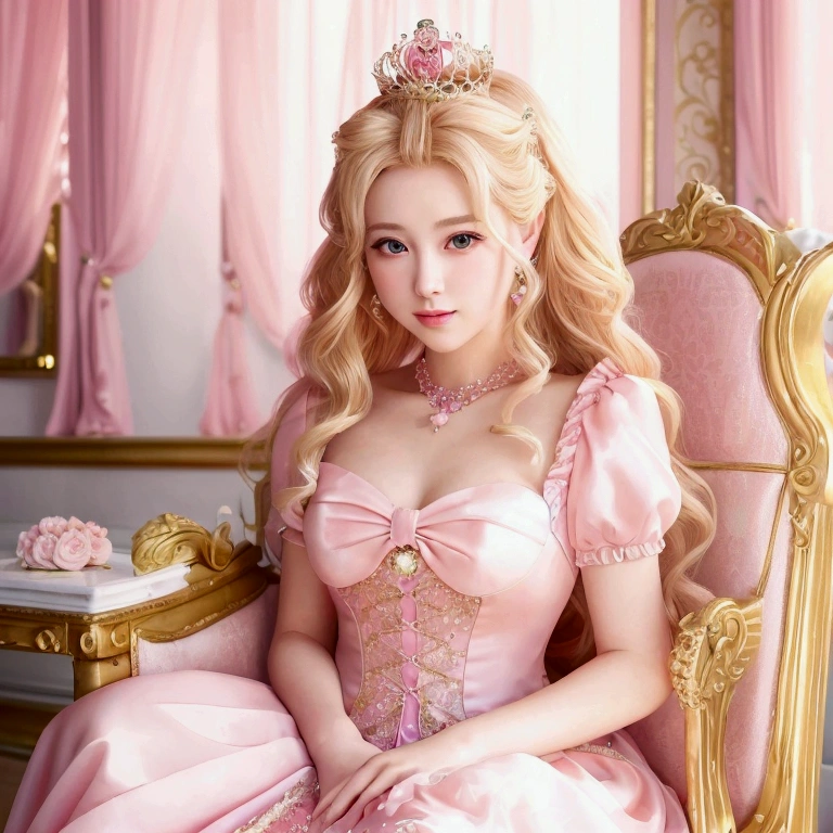 A lady in a pink dress sits on a chair, Princess Portrait, portrait of Princess Peach, Blonde Princess, Princess Peach), portrait of a princess, Anime Princess, Royal elegance, Beautiful female princess, Beautiful fantasy queen, ((Beautiful fantasy queen)), Portrait of a princess, Princess Peach, Cute lazy princess, Pretty Princess, Kawaii realistic portrait