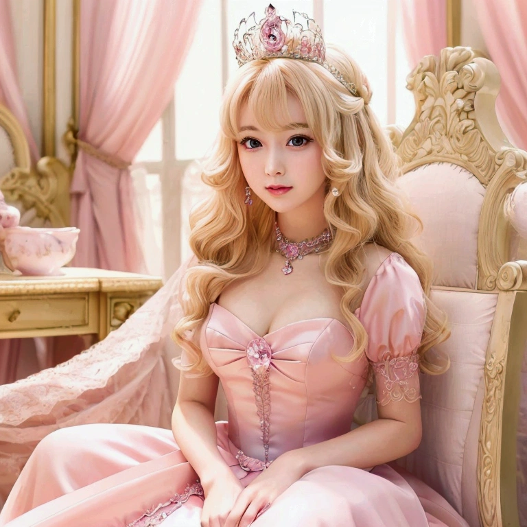 A lady in a pink dress sits on a chair, Princess Portrait, portrait of Princess Peach, Blonde Princess, Princess Peach), portrait of a princess, Anime Princess, Royal elegance, Beautiful female princess, Beautiful fantasy queen, ((Beautiful fantasy queen)), Portrait of a princess, Princess Peach, Cute lazy princess, Pretty Princess, Kawaii realistic portrait
