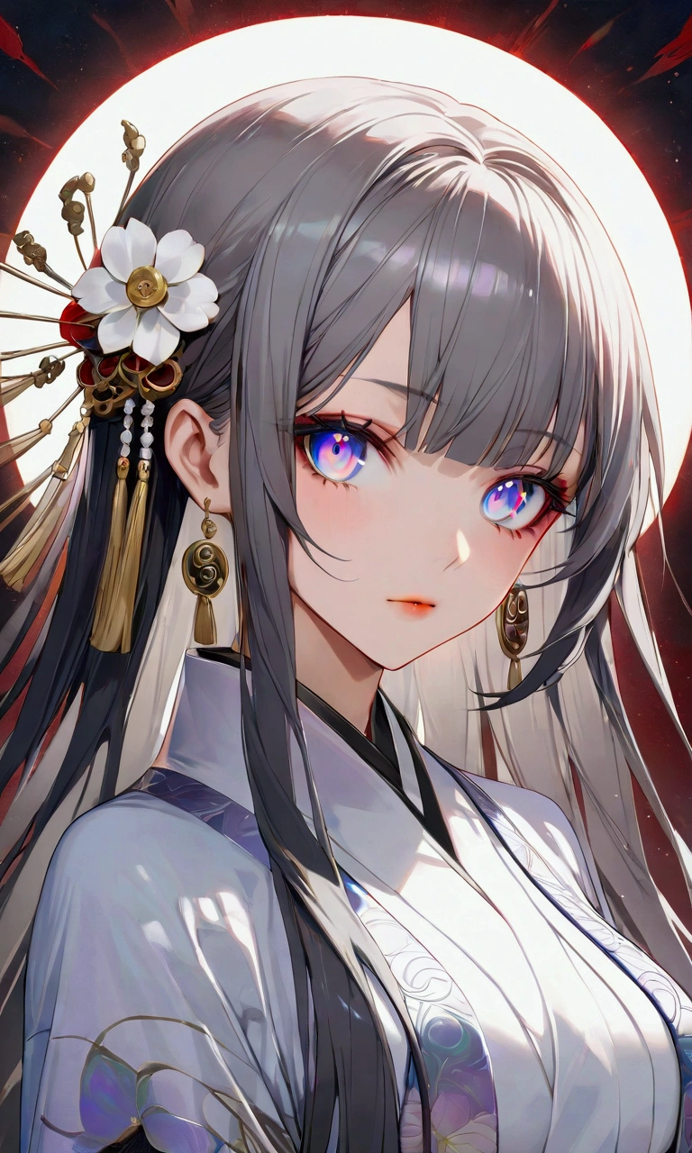 A young woman with long smooth dark grey hair, iridescent eyes, fair skin tone, ying yang robes, (detailed body), (detailed eyes) (masterpiece), (best quality), (ultra-detailed)