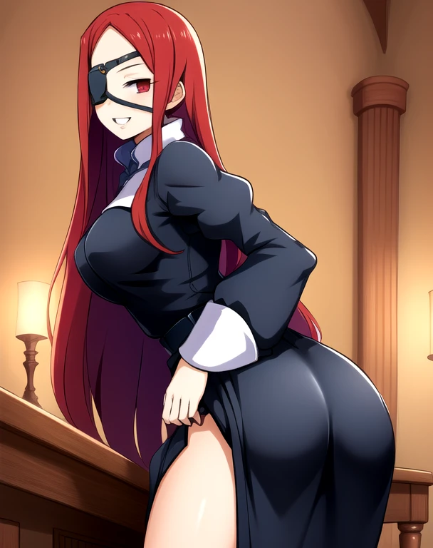 Marietta, right eyepatch, long red hair, grin, red eyes,
blue roped belt,long sleeves,black dress, castle, indoors,
(insanely detailed, beautiful detailed face, masterpiece, beautiful detailed eyes, best quality) room leaning back, posing, from behind, ass support looking at viewer,