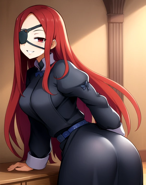 Marietta, right eyepatch, long red hair, grin, red eyes, 
blue roped belt,long sleeves,black dress, castle, indoors,  
 (insanely detailed, beautiful detailed face, masterpiece, beautiful detailed eyes, best quality) room leaning back, posing, from behind, ass support looking at viewer, 
 
