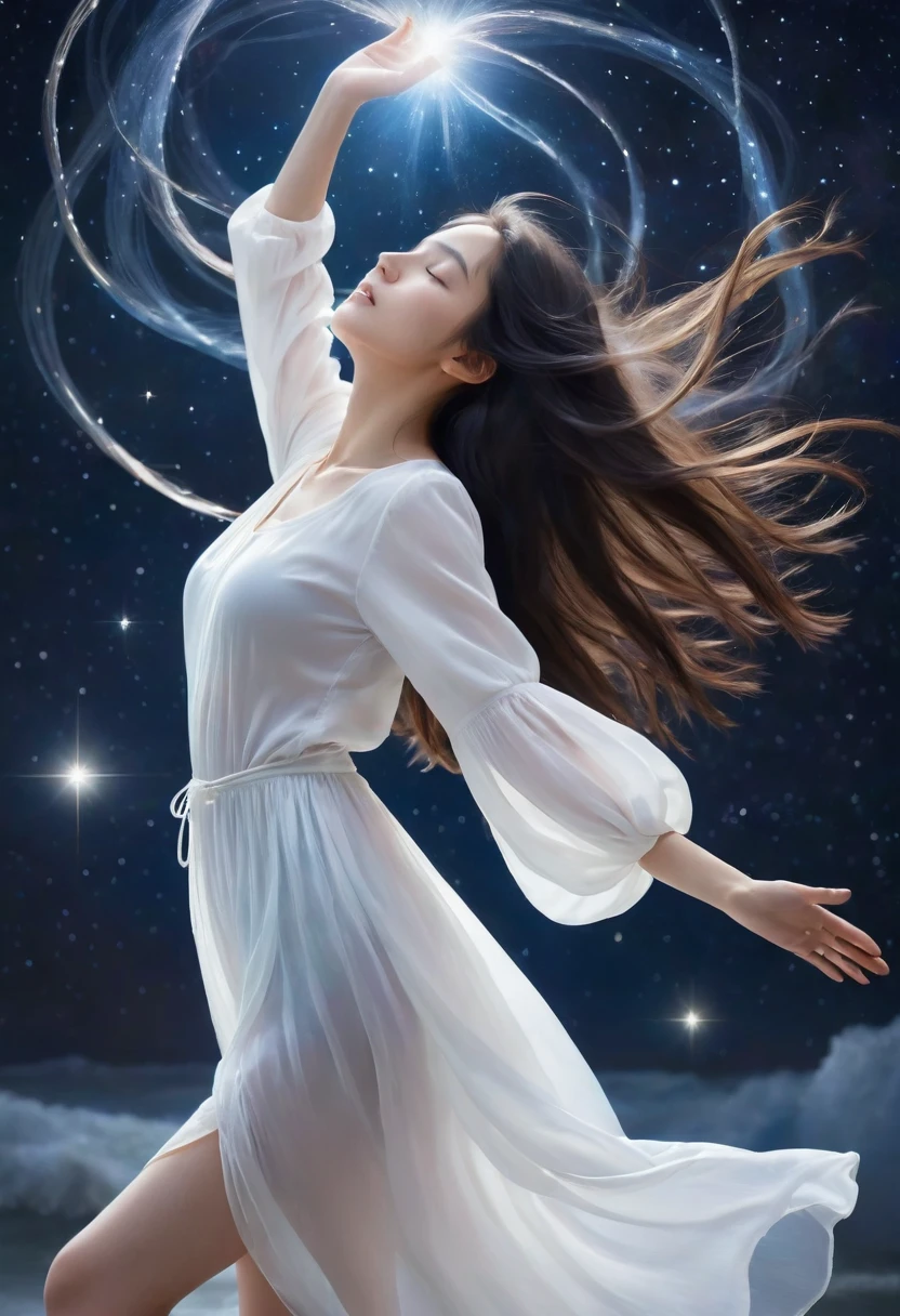 A girl's long, dark hair flows like a celestial river as she floats against the star-studded sky. Her closed eyes and peaceful expression evoke serenity. A white shirt with billowy sleeves seems to defy gravity, while her bare feet dangle freely. Glowing strands of hair radiate from her outstretched arms, which appear to be embracing the vastness of space itself. A thin cable or filament connects her ethereal form to the cosmos, as if she's a conduit for stardust.