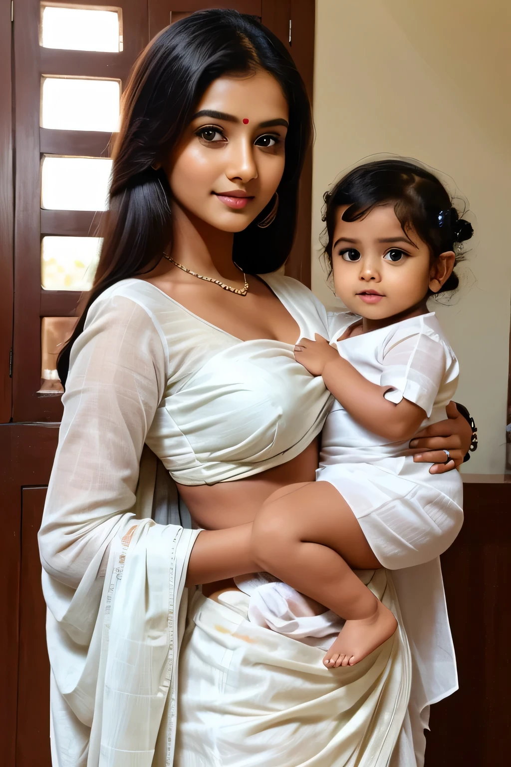 7 years cute beautiful  sexy girl with big oobs with cute little  baby with stylish long hair with stylish  colour full modern  kerala style white saree with straight pic full size image