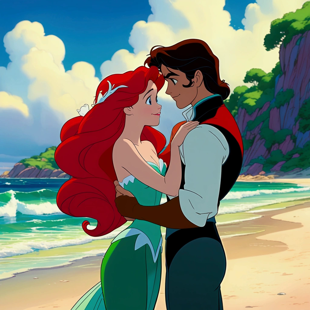 Anime film capture of Ariel and Prince Eric from The Little Mermaid, standing in the beach. Style by Studio Ghibli. Style by Makoto Shinkai.