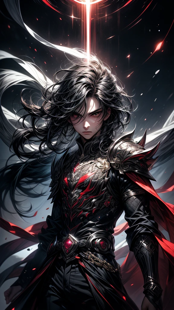 Masterpiece, best quality, high resolution, highly detailed, 1 young girl ( teenager 18 years old), young handsome face,  black long hair ( light in the hair), black eyes ( glowing eyes ), cold expression ( cold look ), wearing white and white clothes and pants, , surrounded by the splendors of the universe, pay attention to stunning details, and achieve a resolution of k, floating in a dynamic pose, high quality, with a majestic black aura of authority. Black aura emanating from the character, cold look, devoid of any emotion, dark background, detailed eyes, detailed face, handsome, really short hair, facing camera, black hair, black glowing ruby on center of chest clothes, ruby, orb, armour, looking straight