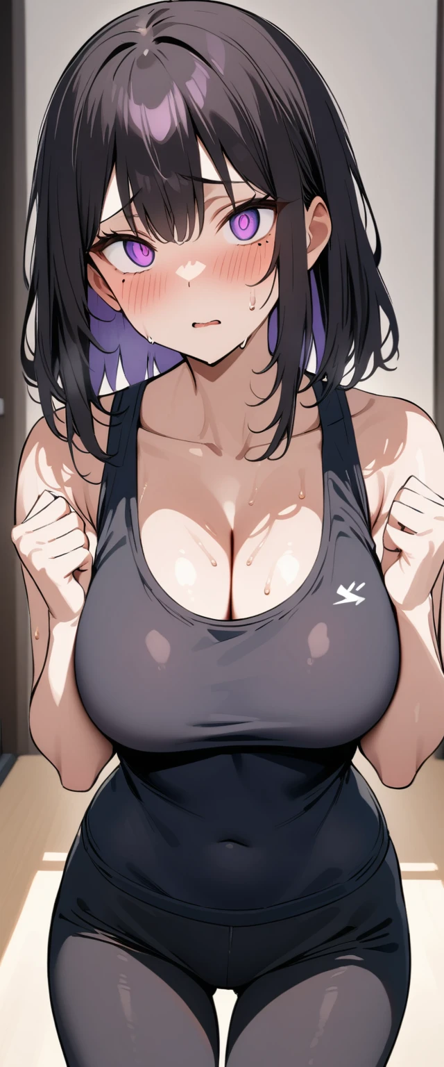 (Highest quality),(masterpiece), 8k,Very detailed, Detailed light, Best Shadow,Detailed reflective eyes, Very detailedな顔,Shiny Hair,Big Breasts,(1 girl:1.2),woman,Gloss,Black Hair,Embarrassed,blush,(Hollow Eyes:1.2),(Condescending:1.2),Crazy Eyes,Beautiful fingers,Beautiful Hands,whole body,Purple eyes,Cool,Glossの無い目,(Eye power:1.2),(脇Sweat:1.2),(Sweat:1.4),(black training wear:1.2),(medium length hair:1.2),(black sports bra:1.2),(black shorts pants:1.2),Slender,oily skin,mole under eye,