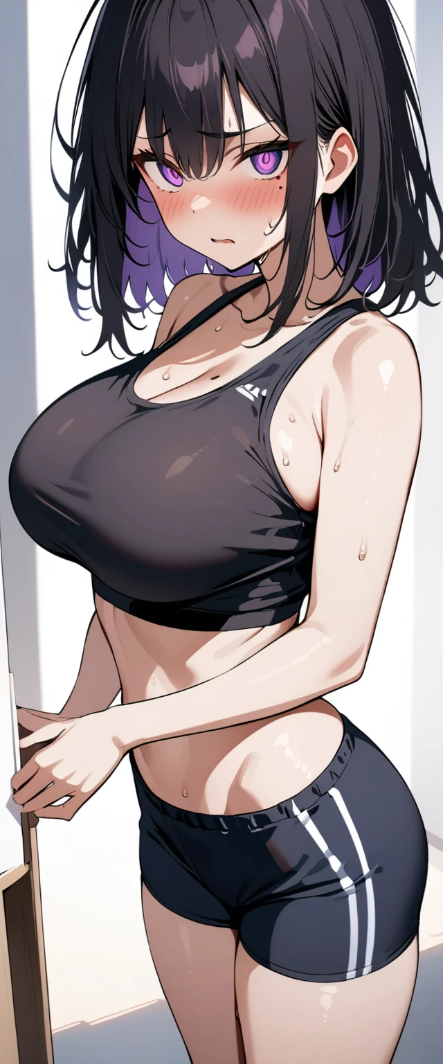 (Highest quality),(masterpiece), 8k,Very detailed, Detailed light, Best Shadow,Detailed reflective eyes, Very detailedな顔,Shiny Hair,Big Breasts,(1 girl:1.2),woman,Gloss,Black Hair,Embarrassed,blush,(Hollow Eyes:1.2),(Condescending:1.2),Crazy Eyes,Beautiful fingers,Beautiful Hands,whole body,Purple eyes,Cool,Glossの無い目,(Eye power:1.2),(脇Sweat:1.2),(Sweat:1.4),(black training wear:1.2),(medium length hair:1.2),(black sports bra:1.2),(black shorts pants:1.2),Slender,oily skin,mole under eye,