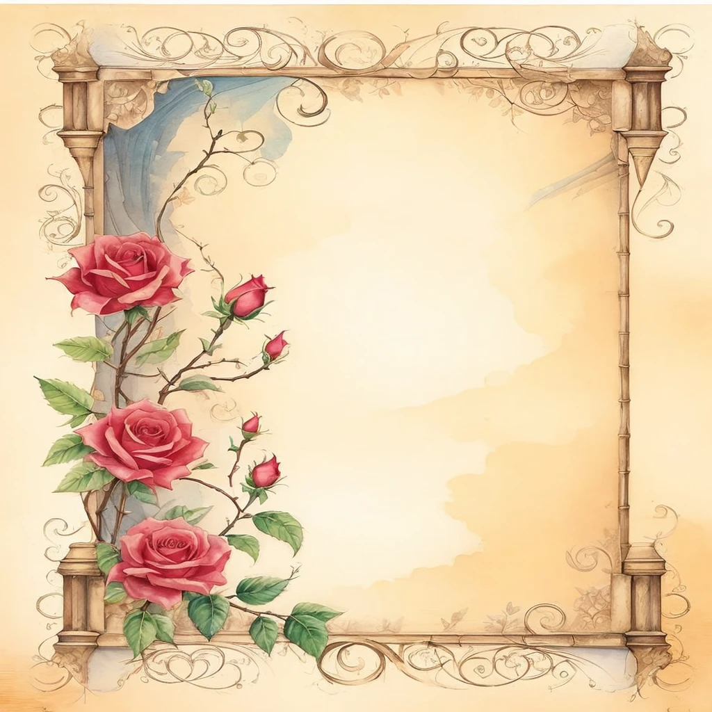 A beautifully illustrated frame featuring vibrant Red roses and budding pink roses intertwined with green leaves. The background is a soft gradient of warm beige tones, with delicate swirls and ornate decorative elements at the corners. The overall aesthetic is romantic and elegant, ideal for a decorative or artistic purpose.