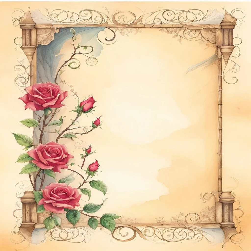 A beautifully illustrated frame featuring vibrant Red roses and budding pink roses intertwined with green leaves. The background is a soft gradient of warm beige tones, with delicate swirls and ornate decorative elements at the corners. The overall aesthetic is romantic and elegant, ideal for a decorative or artistic purpose.