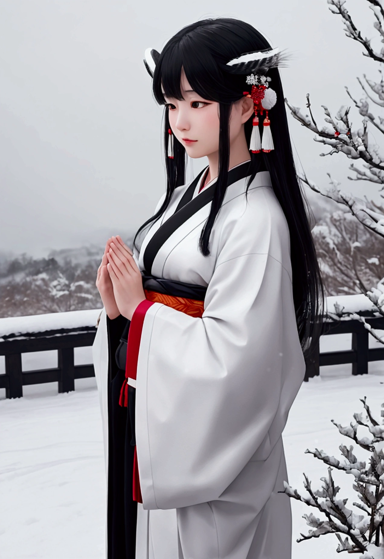 A black-haired shrine maiden wearing a traditional Japanese kimono stands in the middle of a snowy plain, praying. An owl sits gracefully on her shoulder, adding to her divine presence. The serene, white landscape stretches out around her, with gentle snowfall and a soft, overcast sky, enhancing the ethereal and sacred atmosphere.