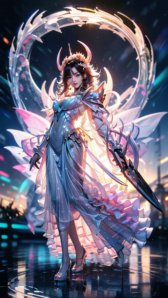 yaongyi style,fantasy sky background,Glittering light, Shiny white rose petals flutter. ,manhwa full body image of manhwa style magic knight, She held a fantasy magic giant sword with both hands and stood on the ice.,She has fantasy magic wings., Curvy woman with different colored eyes, High Quality, 3D rendering, Realistic