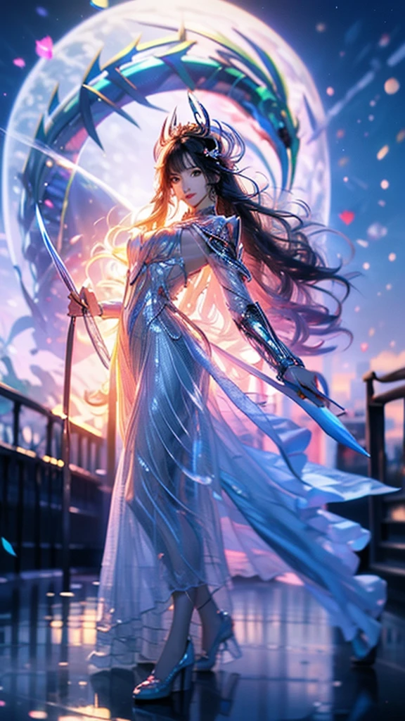 wonderland style,Animation special effects clear thunder dragon sword。Real person photos,Girl with perfect body,Charming lemon look,Sharp eyes,clear fog,Hand holding clear thunder dragon sword「long handle,Blade Dragon Blade,Bright,」Mo Jian,Asian girl wearing gorgeous evening dress(Sexy),masterpiece,HDR,Background 9000 numbers