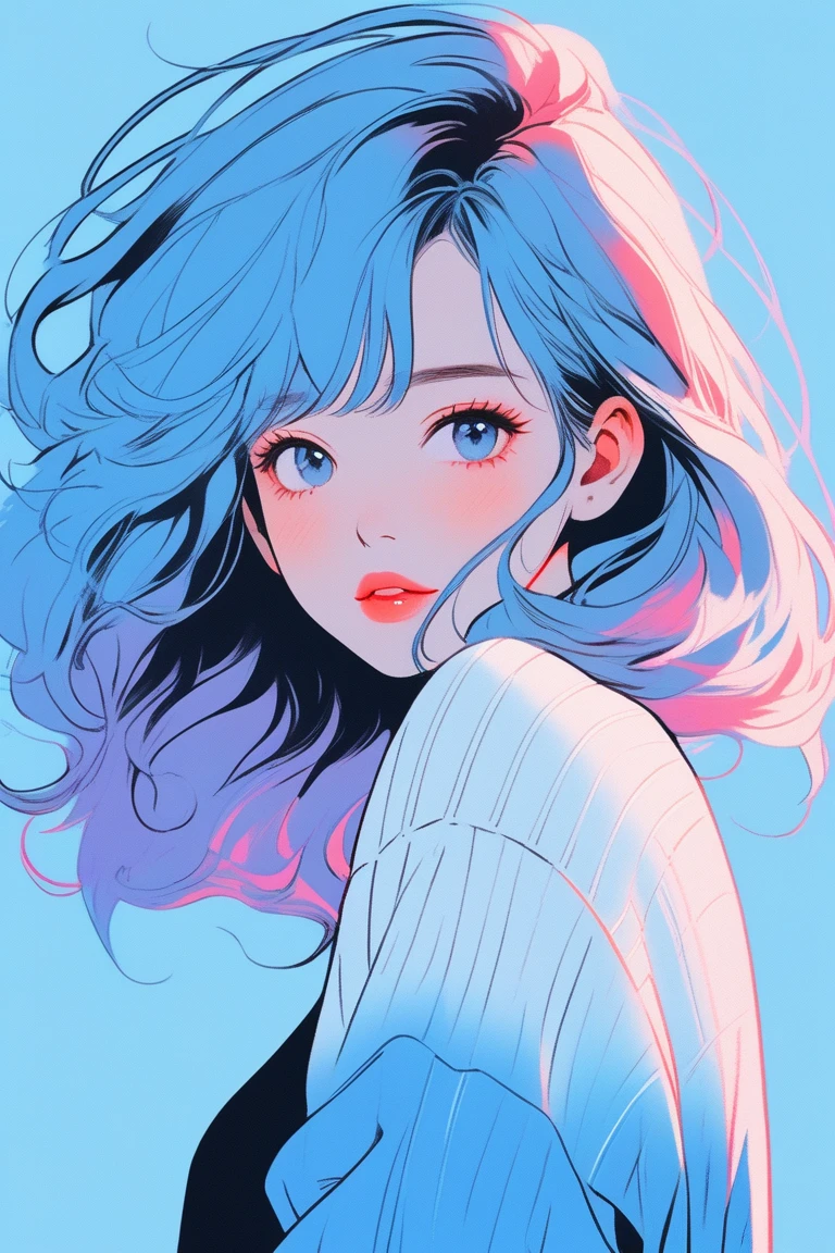 Illustrator, anime , Realistic ,sketch , One girl, lip, sweater,order, light blue gradient background, Neon Hair,textured crop, Vietnam people, (masterpiece,Highest quality)