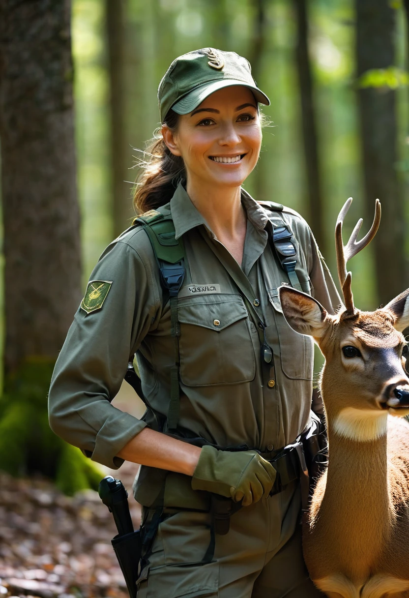8K quality, ultra-high definition, beautiful mature woman, in the forest, she is an animal protection ranger, she is wearing a ranger uniform, camouflage cap, she has small breasts, her shirt is open at the front, she has beautiful eyes, long eyelashes, detailed drawing of her eyes, her brunette hair is tied in a ponytail and she is wearing a cap, she is wearing outdoor boots, her wrinkles are noticeable due to her tan, in the dim forest, only her surroundings are illuminated by sunlight filtering through the trees, she is with a female deer, the female deer seems to be fond of her, her smile is lovely, the camera is shooting her and the deer from a slightly low position, light particles are dancing around her and the deer, the forest in the background is slightly blurred.