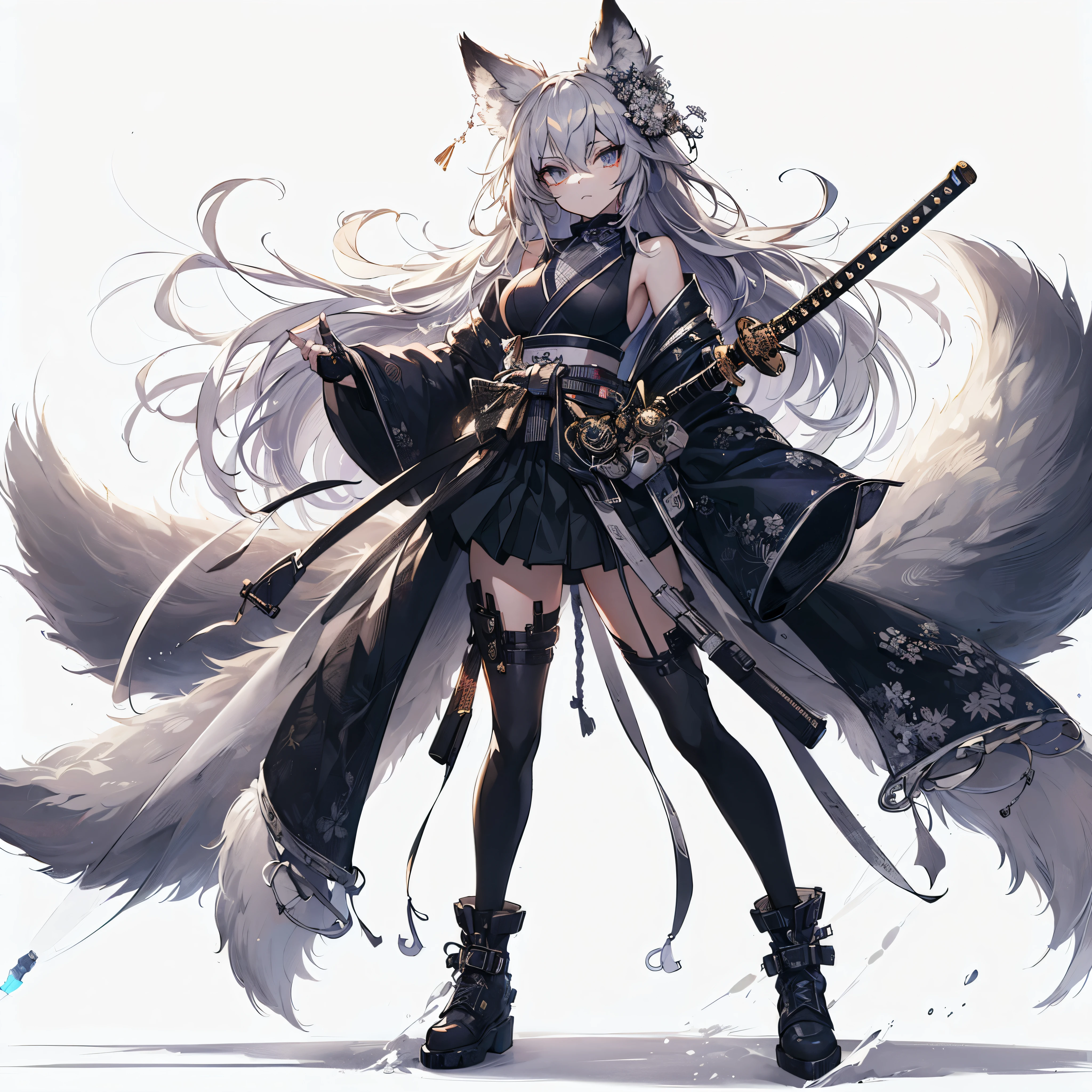 (Masterpiece, best quality), (perfect athlete body:1.2), (detailed hair), ultra-detailed, anime style, solo, full body, Furry animal girl sword dancer, silver hair, Black fur, wears cyberpunk KIMONO Costume, holds a sword in each hand, raised boots, digital painting, 8k high resolution, whole body, white background, standing in wasteland