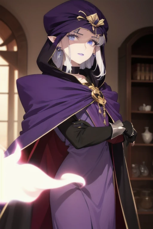 (masterpiece, sidelighting, finely detailed beautiful eyes: 1.2), glowing eyes, shiny hair, MedeaRobe, cloak, gloves, MedeaCas, blue eyes, purple lips, pointy ears, choker, hood, jewelry, magic, ring, robe, solo, room,