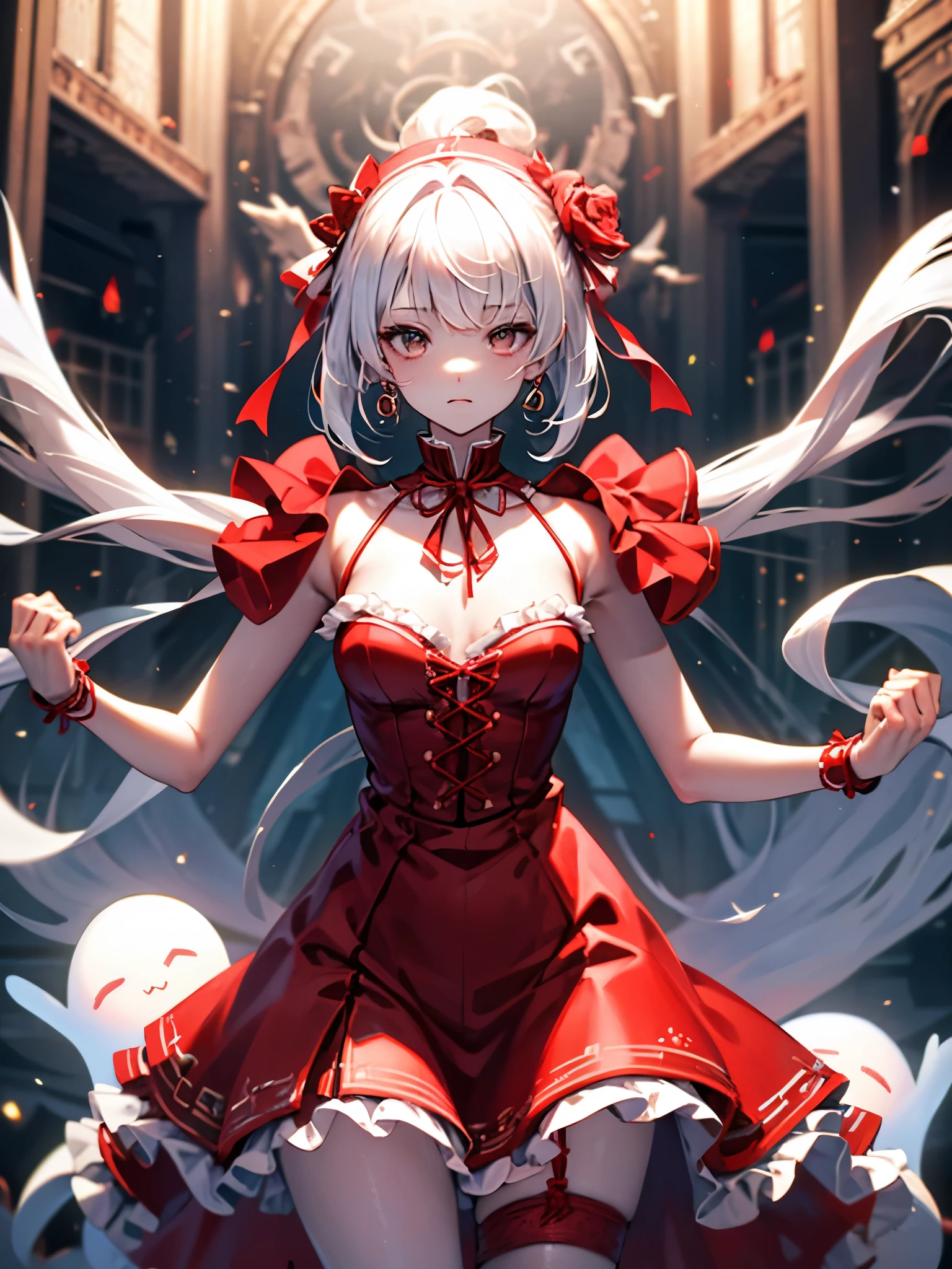 dancer, red dresses doll, showing off, masterpieces, HD, 16K, white hair, white eyes, red rope, scale up, perfect body shape, ghost, spirit, children, , cute, spiral, red ribbon, Violence lolita