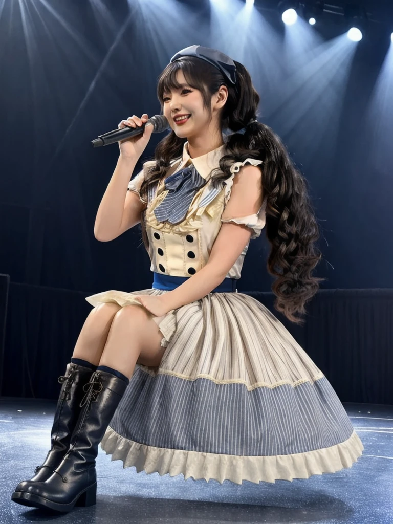 realistic, photorealistic, masterpiece, best quality, idol_costume, boots, 1girl, solo, smile, idol, full body, looking at viewer, long black hair, twintails, sitting on  stage, stage lighting, stage spotlight, detailed background, singing, holding microphone, audience, 