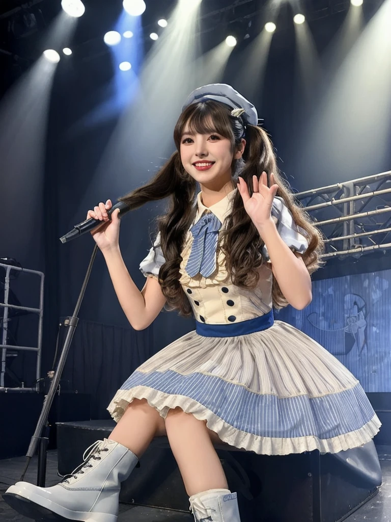Top quality: 1.4, high resolution, perfect lighting, one woman, bangs, twin tails, double eyelids, Japanese idol costume, light blue frilly costume, live performance, microphone, various color lighting