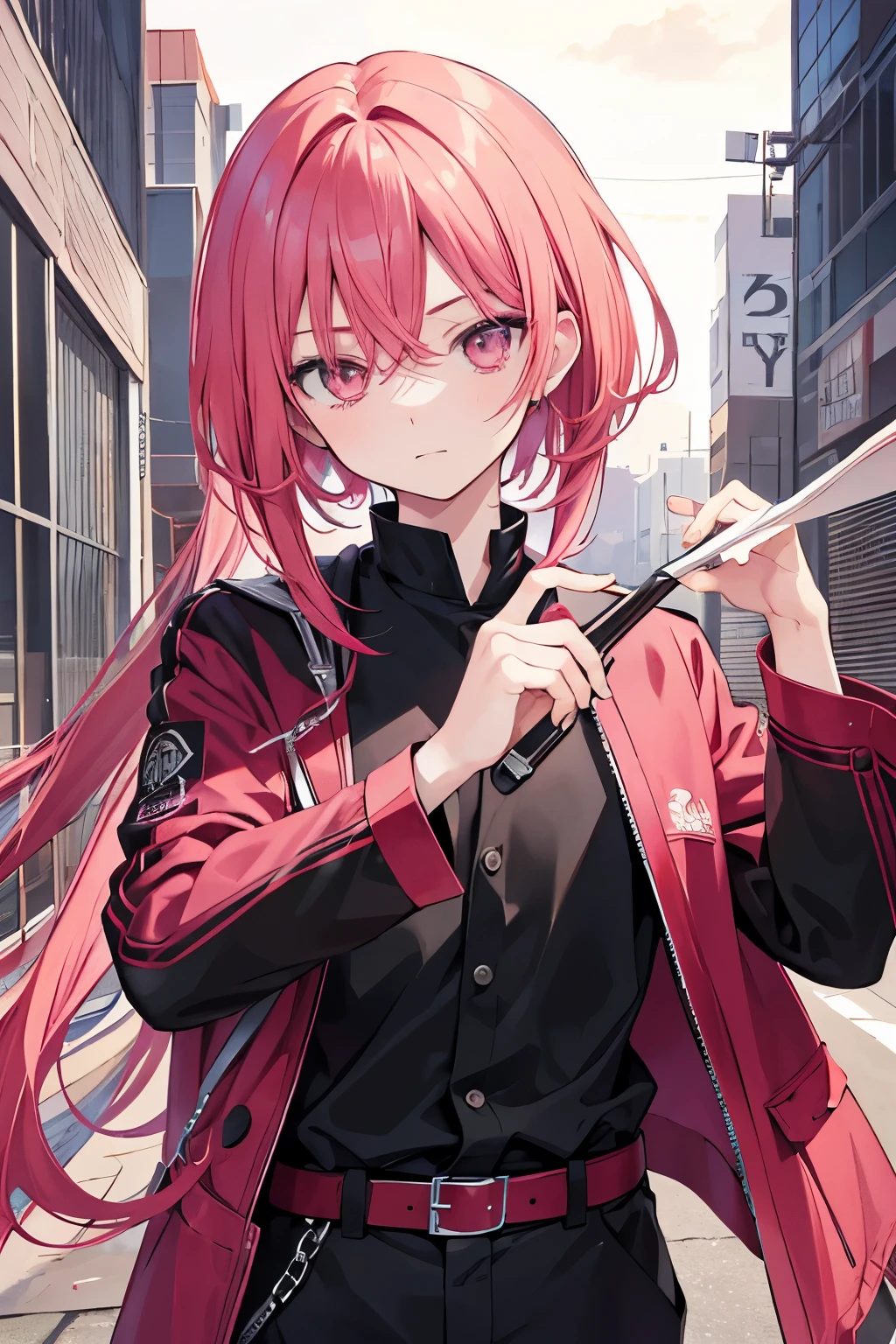 A man with pink and red hair and black clothes, Handsome face, White eyes, Highly detailed young anime, 4K Manga Wallpaper, Anime Shōnen, Detailed Anime Character Art.