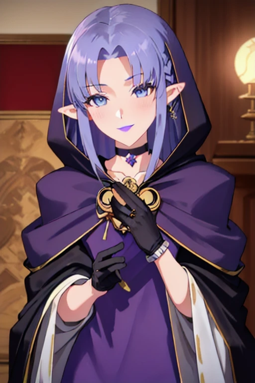 (masterpiece, sidelighting, finely detailed beautiful eyes: 1.2), glowing eyes, shiny hair, MedeaRobe, cloak, gloves, MedeaCas, blue eyes, purple lips, pointy ears, choker, hood, jewelry, magic, ring, robe, solo, room, 