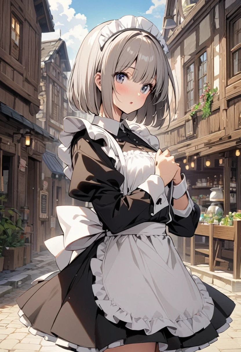 One Woman、beautiful girl、Maid、20-year-old、Bobcut、Western-style building、Maid'aid Katyusha、Short skirt、Black Pantyhose、Highest quality, smile,Big Breasts、Very large breasts、Put on the table、 Sink into the table、Put it on the table、breast enhancementアングル、Put the breast meat on the table、Put it on the table、Put your chest on the table、Poses that accentuate the chest、Sit on a chair、Put on the table、breast enhancement,Hairless pussy,Pink nipples,Completely naked