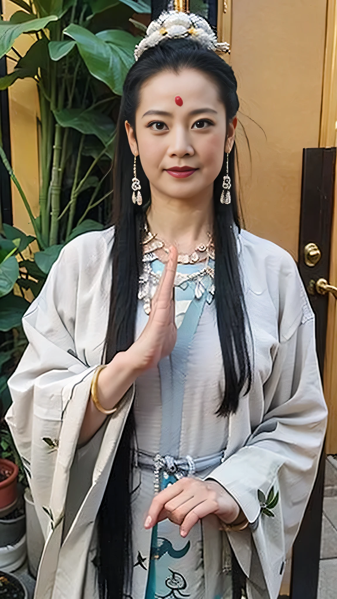 Bodhisattva，Standing on the lotus，Wearing white gi，Hands together，Facing the camera