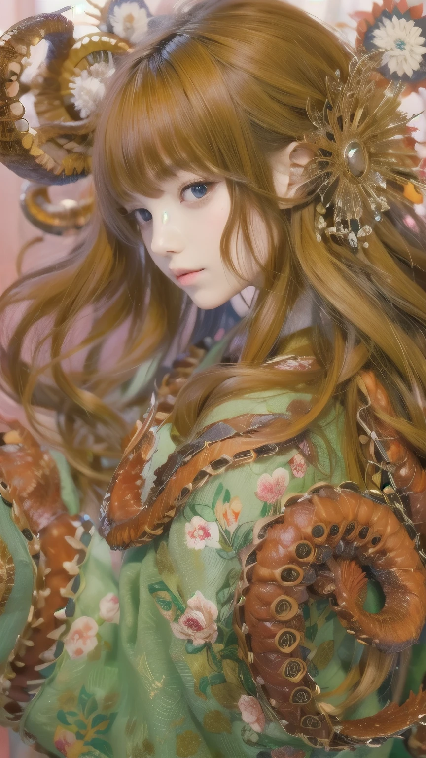 Red Octopus、octopus、1 girl、The Style of Kawanabe Kyosai、Face focus、Best、Highest quality、use、Detailed face、Octopus hairstyle、Depth of written boundary、bokeh、
