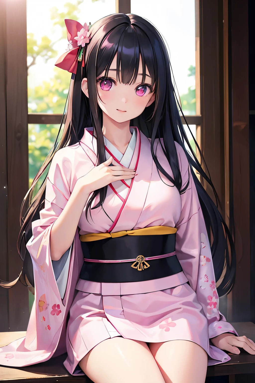 masterpiece, (Realistic:1.5), Realistic eyes, Asian woman, Highest quality, Beautiful lighting, Professional Lighting, Photon Mapping, Radio City, Physically Based Rendering,, kamado nezuko, One girl, Black Hair, amount, hair ribbon, kimono, kimono, Long Hair, Multicolored Hair, Open your mouth, Pink Eyes, pink kimono, pink ribbon, ribbon, smile, very Long Hair, null, ((Old age)),, (RAW Photos, 8K Ultra HD, Film Grain)