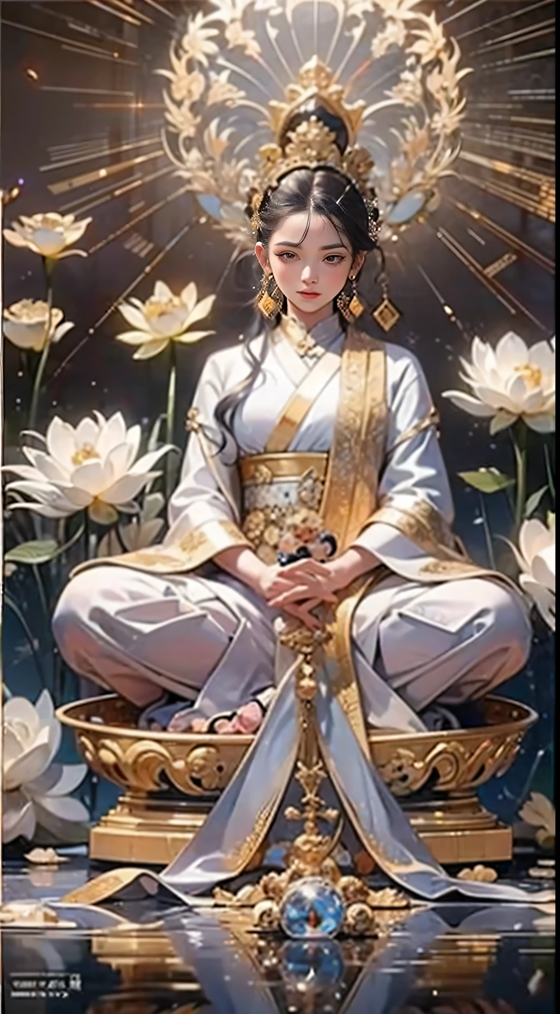 （Chinese immortals）, （Buddhism）, Multip_Handythological stories）, （bodhisattva）, She sits on a lotus, （Three hands on the left，Three hands on the right, Each hand holds a different Buddhist vessel, left right symmetry），（Delicate and beautiful face）, （White silk robe）sitting on a lotus flower, Frontal photo，Light smile, neo-classical, OP Art, Chiaroscuro, Cinematic lighting, god light, Ray tracing, character sheets, projected inset, first person perspective, hyper HD, Masterpiece, ccurate, Textured skin, Super detail, High details, High quality, Award-Awarded, Best quality, A high resolution, 8K