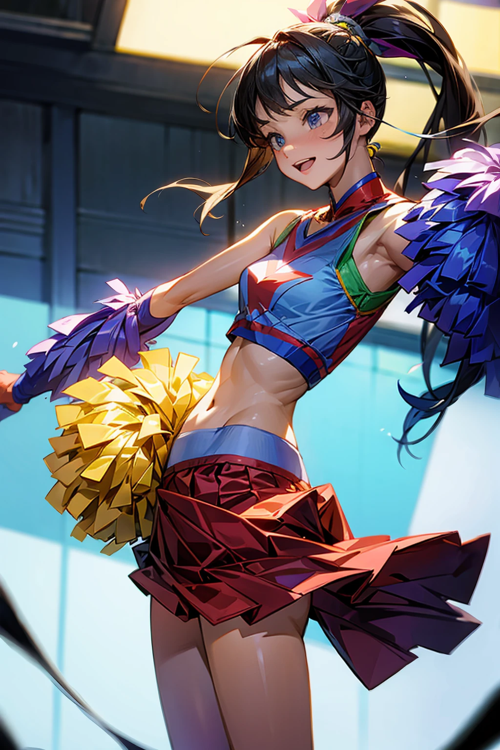 1 cheerleader, standing, lifting one leg, skirt lifted, panties visible, front view, close-up, bright lighting, indoor, energetic pose, smiling expression, long hair in ponytail, vibrant cheerleading outfit, high quality, highly detailed, sexy, playful, masterpiece
