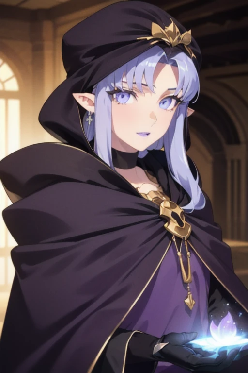 (masterpiece, sidelighting, finely detailed beautiful eyes: 1.2), glowing eyes, shiny hair, MedeaRobe, cloak, gloves, MedeaCas, blue eyes, purple lips, pointy ears, choker, hood, jewelry, magic, ring, robe, solo, room, 